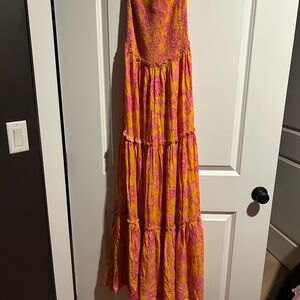 Vibrant Pink and Orange Maxi Dress strapless tube medium
